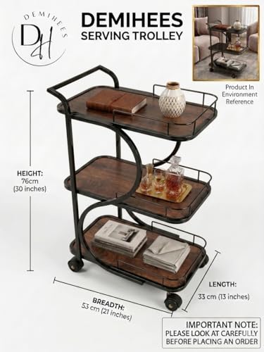 Image of Serving Trolley with Wheels for Home, Tea Food Drinks Serving Kitchen Trolley Restaurant, Hotels,Dining Room bar cart with Wheels (Black-Brown)