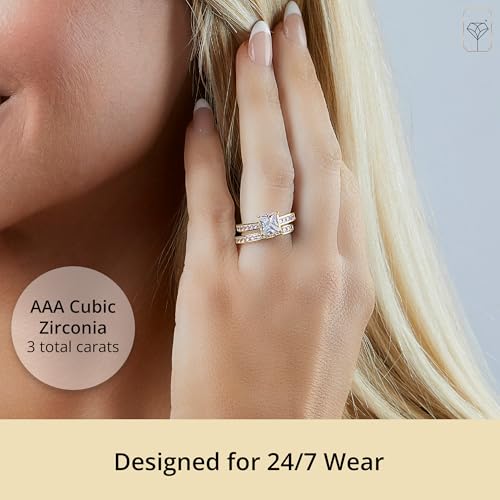 MAX + STONE 10K Gold 3.0 Carat Princess Cut Cubic Zirconia Engagement Ring with Wedding Band Set | CZ Wedding Rings for Women in Size 4.5 to 9 with Gift Box3