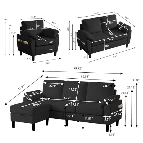 Image of 4 Piece Modern Corduroy Sofa Set, L-Shaped Sectional Couch with Storage Ottoman, Loveseat & Single Arm Chair, Side Storage Pockets, Removable Cushions for Living Room Apartment