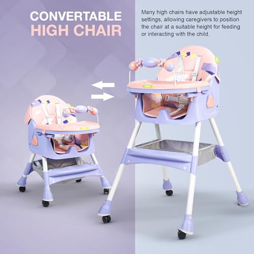 Image of Baybee 3 in 1 Fiora Baby High Chair for Kids Feeding with Two Height Adjustable, Recline & Wheels, Booster Seat with Food Tray, Belt & Basket, High Chair for Baby 6 Months to 4 Years Boy Girl (Pink)