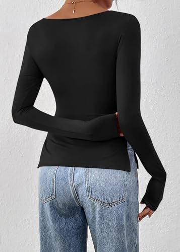 KIRUNDO Long Sleeve Shirts for Women 2025 Fall Casual Boat Neck Knit Workout Going Out Tops Fitted Side Slit Basic Tees2