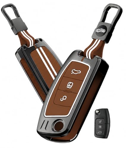 Image of Car Key Cover Compatible with Ford EcoSport (Old), Fiesta, Figo | 3-Button Flip Remote Key Shell with Stylish Keychain (Metal Brown)