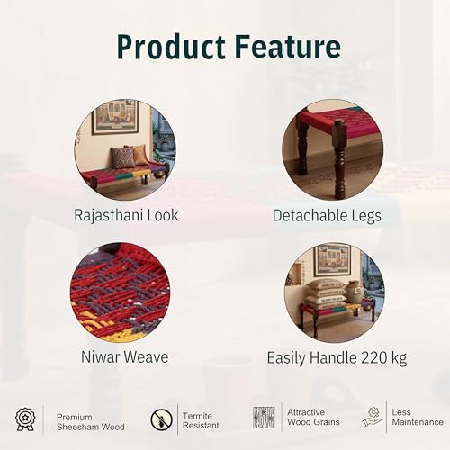 Image of Wooden Bench for Seating | Handcrafted Sheesham Wood Bench for Living Room, Balcony & Garden | Traditional Patio for Outdoor with Cotton Handwoven Rope | Colorful 002