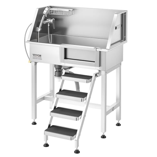 VEVOR Dog Washing Station 34 Professional Stainless Steel Pet Grooming Tub Bathtub with Shower Faucet Soap Holder Non-Slip Stairs Right Door Easy Clean Pet Wash Sink for Small Dogs Cats