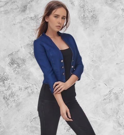Image of Women's Blue Cropped Blazer, 3 /4 Sleeve, Button Front, Formal Jacket