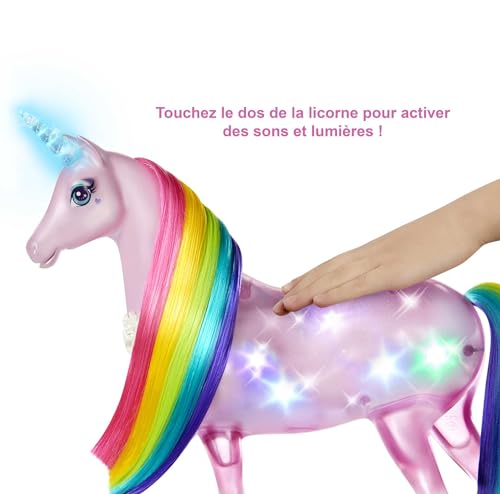Barbie Dreamtopia Licorne Rose Lumières Magiques crinière Arc-en-Ciel, Sons et lumières et poupée Royal, Emballage fermé, Jouet pour Enfant, GWM78 – Image 4