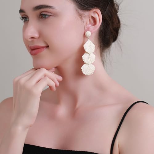 RUOFFETA Handcrafted Raffia and Shell Dangle Earrings for Women, Lightweight Beach Jewelry for Summer Adventures - Image 2