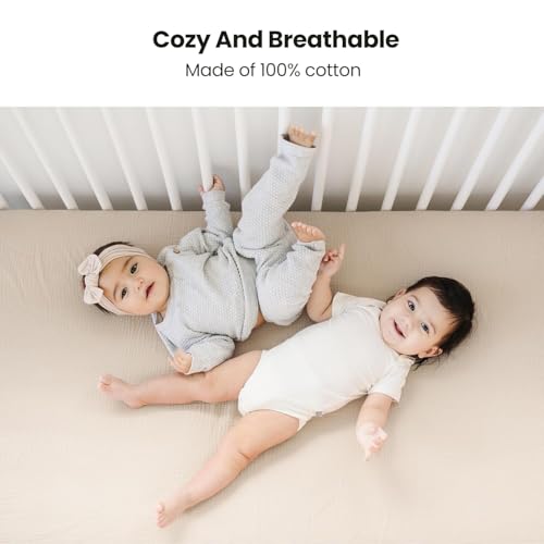 Image of Konssy Muslin Crib Sheets for Boys, Soft Cotton Neutral Baby Sheets for Standard Crib Mattress 2 Pack, 52 inchx28 inch (Fog Green,Cream)
