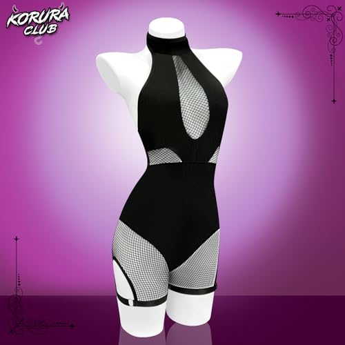 KORURACLUB Sexy Netzbody Rollkragen Bodysuit Netzartiger Body Bondage Lingerie Schwarze Damen Dessous Cosplay Kostüm(Schwarze L-XL)