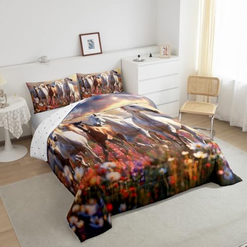 Loussiesd Juego de edredón de caballo para niños, tamaño King, juego de ropa de cama floral con diseño de caballo galopante para niños y niñas, decoración de dormitorio con 2 fundas de almohada
