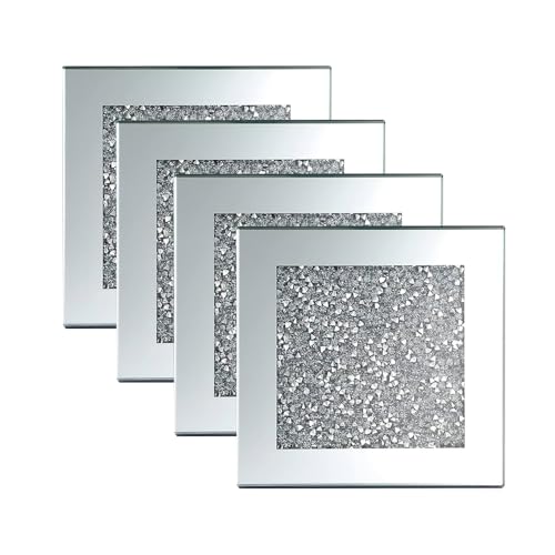 BML - Sottobicchieri in cristallo argentato a specchio con brillantini per cucina, ristorante e tavolo da pranzo e bar, 10 x 10 cm, 4 pezzi