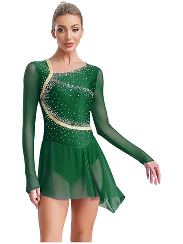 Aislor Vestido De Patinaje Artístico Mujer Maillot Brillante De Manga Larga Ropa De Baile Moderno para Fiesta Actuación Verde S
