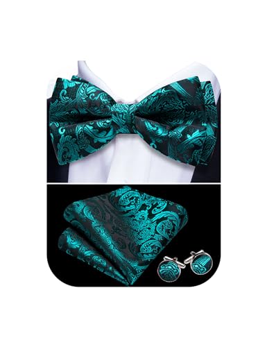Image of Barry.Wang Paisley Striped Bow Tie for Men Silk Pre-Tied Bowtie Pocket Square Cufflinks Set Formal Wedding Party Prom