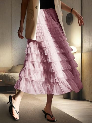 Women's Layered Tulle Skirts A Line Ruffle High Waisted Mesh Long Maxi Skirt3