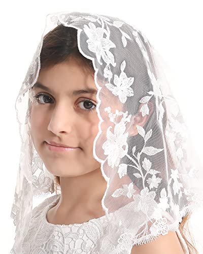 Mantveil Girls First Communion Veil Catholic Chapel Mass Headpiece Church Lace Flower Girl Head Covering for Kid (White)3