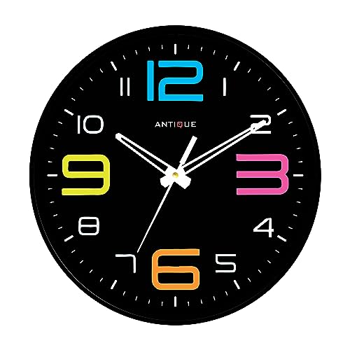 Image of ANTIQUE 10 Inch Round Shape Analog Wall Clock With Plastic And Glass For Home /Kitchen /Living Room /Bedroom /Office, Black Multicolor (25.4 X 25.4 X 4 Cm), White