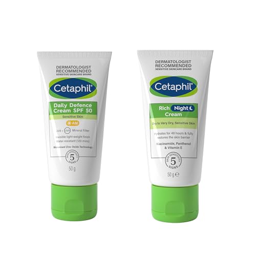 Cetaphil SPF 50 Day Cream 50g + Night Face Moisturiser 50g Skincare Set, Daily Defence Moisturiser & Rich Night Cream, For Sensitive Skin