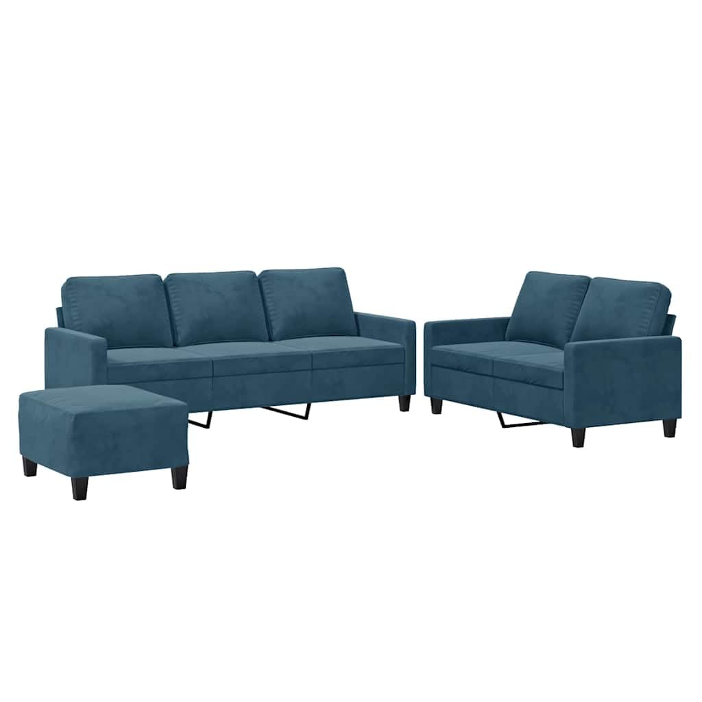Canape 3 Posti Velluto Blu Scuro 3 Pezzi | Struttura contropiastra in metallo, seduta imbottita, pouf multiuso, 110 kg per sedile