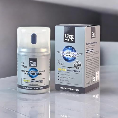 Cien Men Hidro Age Q10 Crema hidratante intensiva antiarrugas con extracto de ginseng, cuidado facial vegano para hombres, 50 ml
