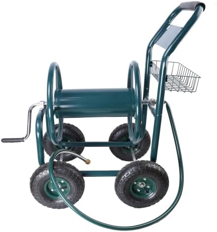 【LuckyNote】Garden Hose Reel Cart - 4 Wheels Portable Garden Hose Reel Cart with Storage Basket Resistant Heavy Duty Water Hose Holder