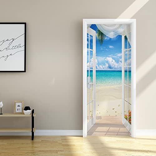 3D Door Mural Sticker for Interior Doors, Waterproof Self-Adhesive PVC Door Stickers Wall Decoration - Beach Scenery Door Poster Stickers for Bedrooms Living Room, 30.3"x78.7" (A-02)
