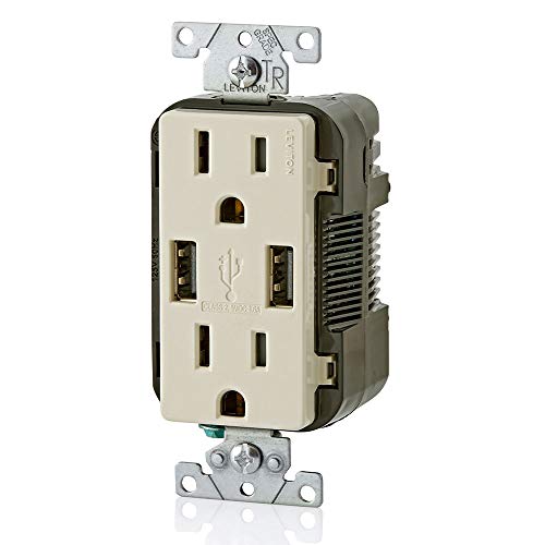 Image of Leviton T5632-T Type-A USB in-Wall Charger with 15A Tamper-Resistant Outlet, USB Charger for Smartphones, Light Almond