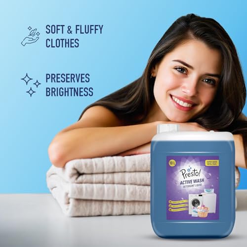 Image of Amazon Brand - Presto! Active Wash Detergent Liquid | 10 Litre | Tough On Stains | Gentle On Fabrics | Machine And Hand Wash