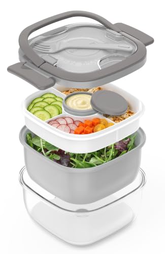 Image of Salad Container with Ice Pack & Handle, 6.8 Cup / 1600ml Large Portable Salad Bowl Lunch Box with Lid, Fork Holder & Sauce Cup, 4-Compartment Removable Tray Meal Prep Bento Box, Gray