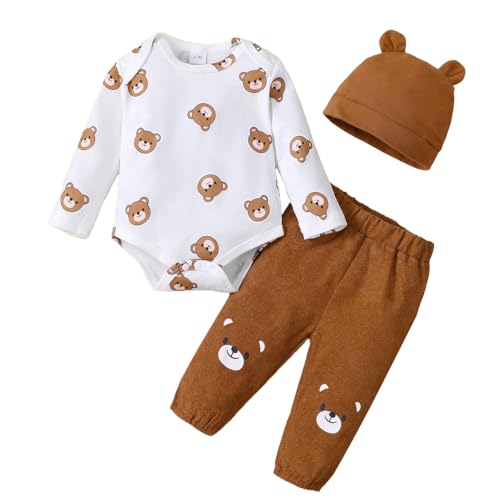 Image of KIMI BEAR Baby Boy Clothes Infant Newborn Outfits Long Sleeve Letter Print Romper + Hat + Pants Set