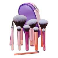 Kit Mini Pincéis de Maquiagem Premium 10 Peças Travel Size com Nécessaire – Cerdas Macias para Base, Blush, Pó, Sombras e Corretivo – Portátil e Multifuncional - (Rosa e Roxo)