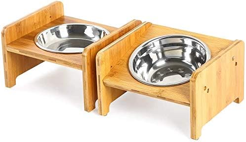 Small Elevated Bamboo and Stainless Steel Pet Bowls