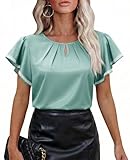 siliteelon Ruffle Sleeve Tops for Women Green Women Blouses for Work Ruffle Short Sleeve Flowy Satin Silk Soft Pleated Business Office Work Professional Fashion Trendy Elegant Summer Ladies XX-Large