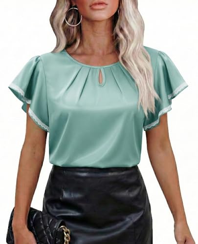 siliteelon Ruffle Sleeve Tops for Women Green Women Blouses for Work Ruffle Short Sleeve Flowy Satin Silk Soft Pleated Business Office Work Professional Fashion Trendy Elegant Summer Ladies XX-Large