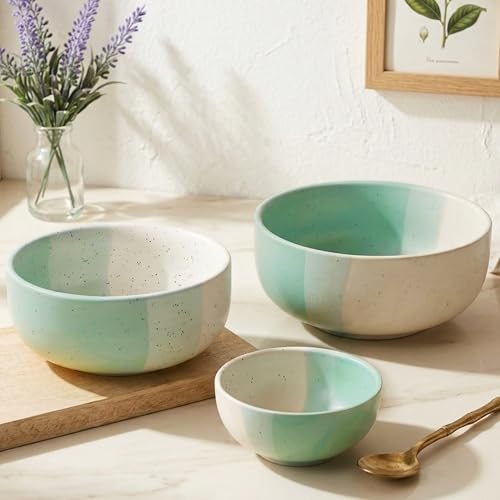 Image of The Earth Store Tritone Green Ceramic Serving Bowl Set of 3 - 800ML, 500ML, 150ML Microwave Safe Bowl, Elegant Serving Bowl | Ceramic Bowl Set of 3 for Home | Restaurants | Gifting