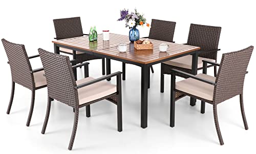MFSTUDIO Patio Furniture Set for 6, 7 Piece Outdoor Dining Set,6 Rattan Chairs with Cushions and 1 Hand Painting Wood-Like Table for Backyard,Garden,Poolside MFSTUDIO Patio Furniture Set for 6, 7 Piece Outdoor Dining Set,6 Rattan Chairs with Cushions and 1 Hand Painting Wood-Like Table for Backyard,Garden,Poolside