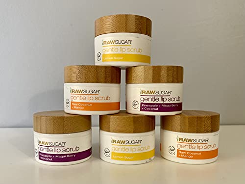 Raw Sugar Gentle Lip Scrub, 2-Lemon Sugar, 2-Raw Coconut & Mango 2-Pineapple & Maqui Berry & Coconut. 14G Each Travel Size (Pack Of 6) #TOP30