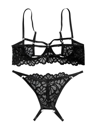 Image of Lilosy Sexy Underwire Floral Lace Sheer Lingerie Set for Women See Through Bra and Panty 2 Piece