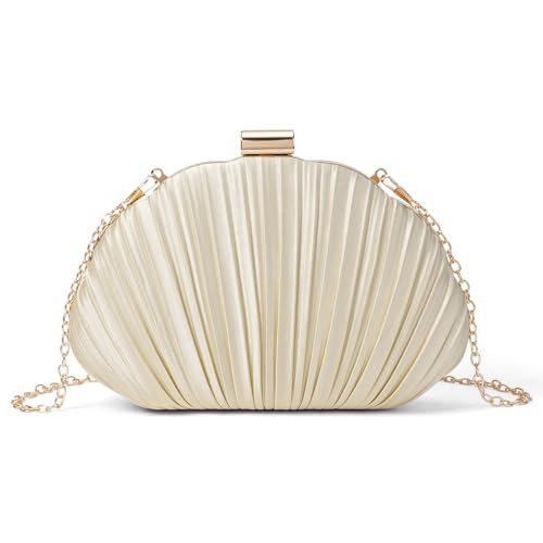 Image of RNIEGA Pleated Satin Seashell Evening Clutch Purse for Women Elegant Clutch Handbag Shoulder Bag with Chain for Wedding