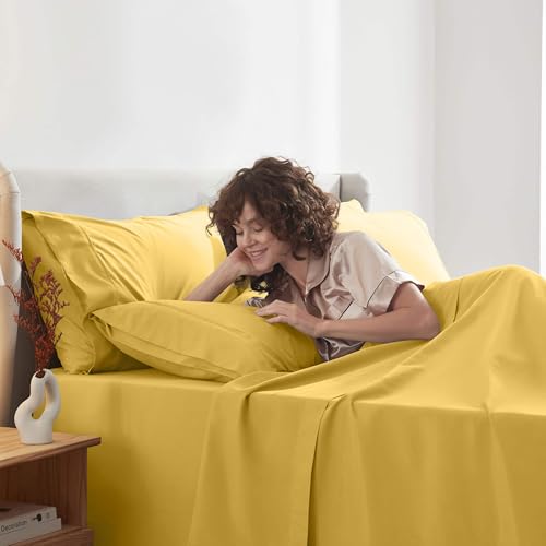 Image of Nestl Extra Deep Full Sheet Set - 6 Piece Breathable & Cooling Sheets - Hotel Luxury Bedding Set w /18-24 Inch Deep Pockets - Easy & Secure Fit - Super Soft, Wrinkle Free & Comfy - Yellow