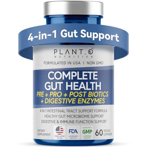 4-in-1 Gut Health Support – Prebiotics + Probiotics + Postbiotics + Digestive Enzymes – DE111 Spore Probiotic for Digestive Support & Bloating – Non-GMO, Made in USA – 60 Veggie Capsules