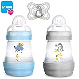 Juego de 2 biberones anticólicos de MAM de 160 ml, con diseño neutro y función de autoesterilización.