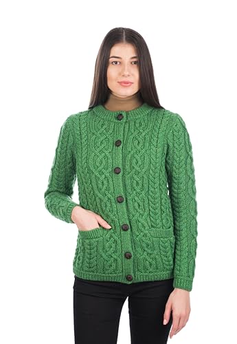 Image of SAOL 100% Merino Wool Ladies Irish Buttons Knit Cardigan Lumber Jacket with Pockets