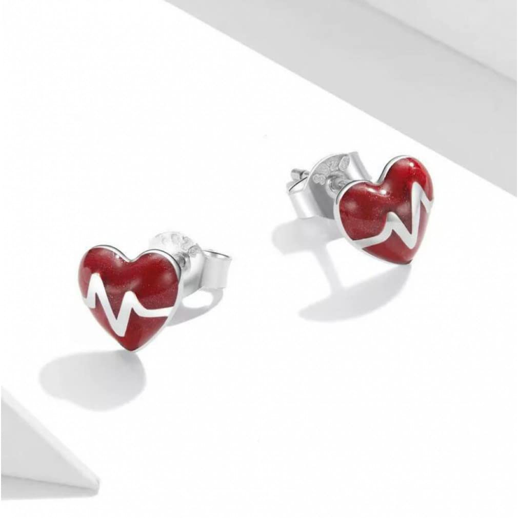 Orecchini a Bottone con Battito Cardiaco a Forma di Cuore in Smalto Rosso in Argento Sterling per Gioielli da Donna da 6 mm
