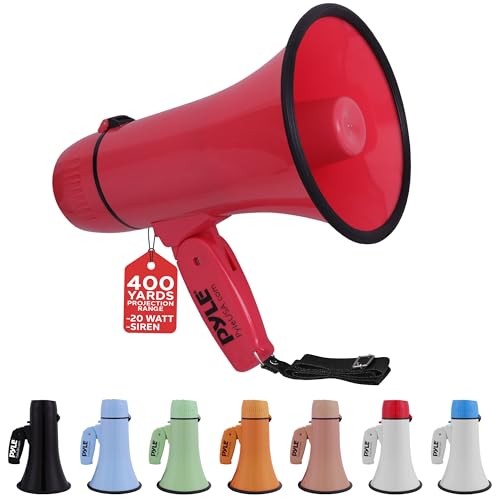 Pyle Megafone Bullhorn de 20 W - portátil, sirene automática e volume ajustável, alcance de projeção de até 400 jardas quadradas, entrada auxiliar, talk, sirene, música, apito e gravação, alça de