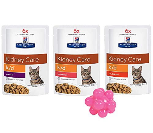 Hills k/d Kidney Care Cat Food - 18 x 85g (6 Beef 6 Salmon 6 Chicken) with Free Toy Ball