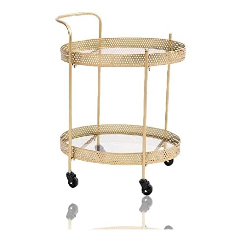 zeeyrak Gold Drinks Trolley Whit 2 Mirrored Shelves Tray- Oval Metal Frame With Castors- Serving Trolley Bar Cart With Glass Shelves- Kitchen Storage Trolley For Living Room And Restaurant,36×57×71cm Cover