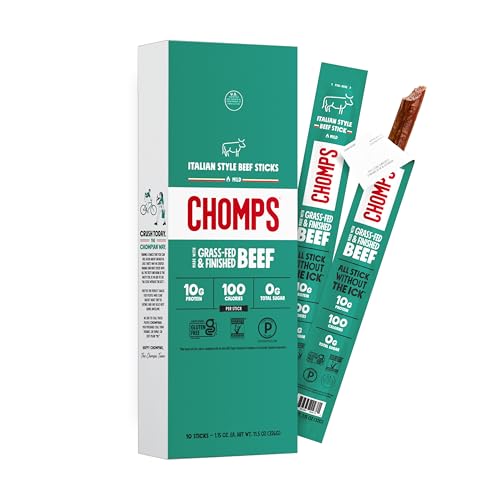 CHOMPS Grass Fed Beef Jerky Meat Snack Sticks, AIP Diet Compliant, Keto, Paleo, Whole30 Approved, Low Carb, Gluten Free, Sugar Free, Non-GMO, 90 Calories 1.15 Oz Stick, Italian Beef 10 Pack