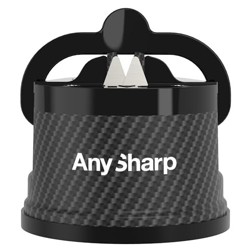 AnySharp Afilador de Cuchillos, Seguridad sin Manos, Ventosa, Afila con Seguridad Todos los Cuchillos de Cocina, Ideal para Acero Endurecido y Dentados, El Mejor del Mundo, Compacto, Carbono