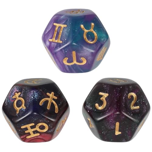 BESPORTBLE Dados Astrológicos de Signos y Constelación para Tarot, 12 Caras, Juego de Dados de Zodíaco Bicolor, Set de 3 Piezas, para Juegos de Mesa y Adivinación