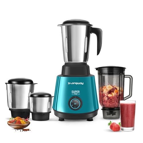 Longway Super Pro Juicer Mixer Grinder | Up to 750W Max Output Powerful Motor | 4 Jars for Grinding, Mixing, Juicing | 2 Years Warranty (Teal & Black)